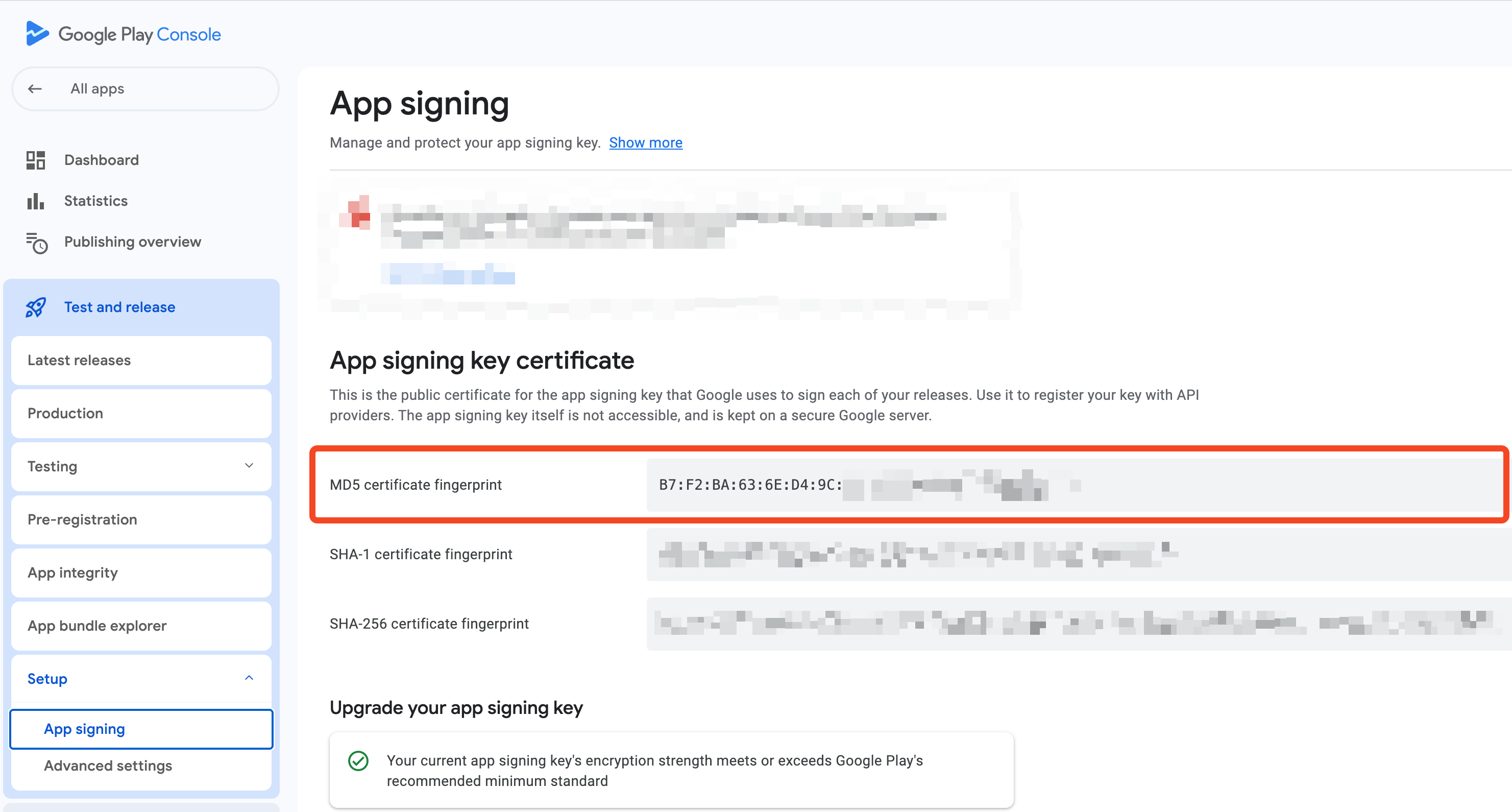 where to find the MD5 fingerprint of the managed keystore