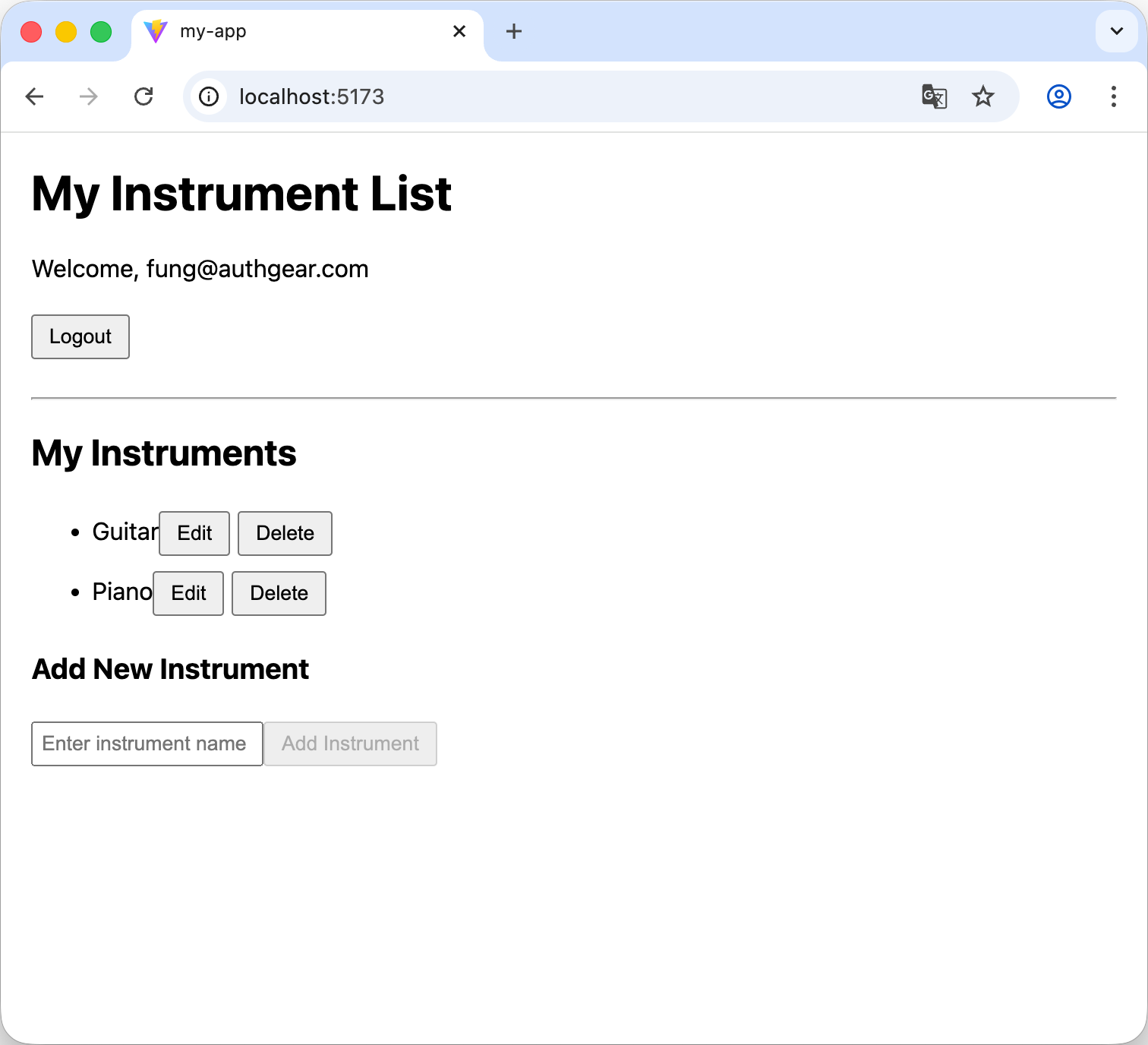 Simple instrument tracking app where users can manage their personal collection after logging in with Authgear